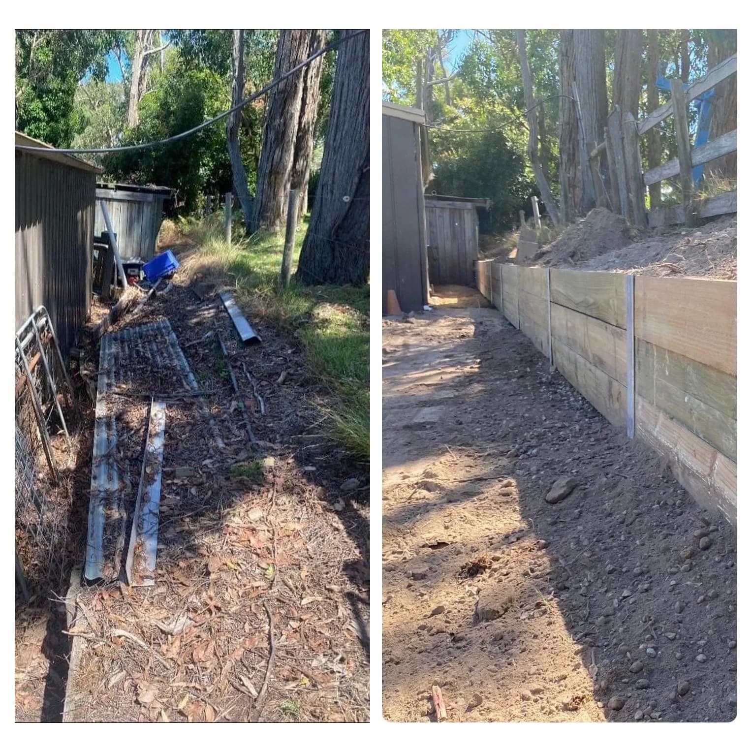 Timber retaining wall before and after construction
