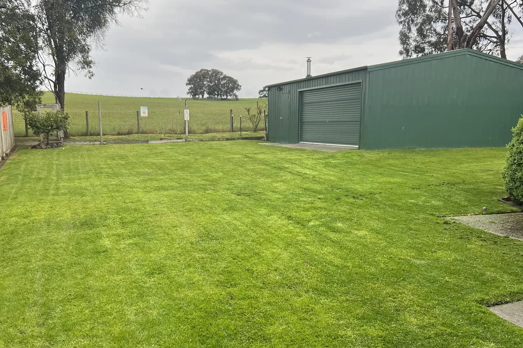 Freshly mown lawn beside a green shed, with open paddocks and a lone stand of trees beyond the fence