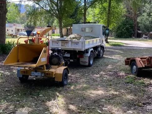 Wood chipper, tipper truck loaded with mulch and a box trailer parked under trees on a cleared block